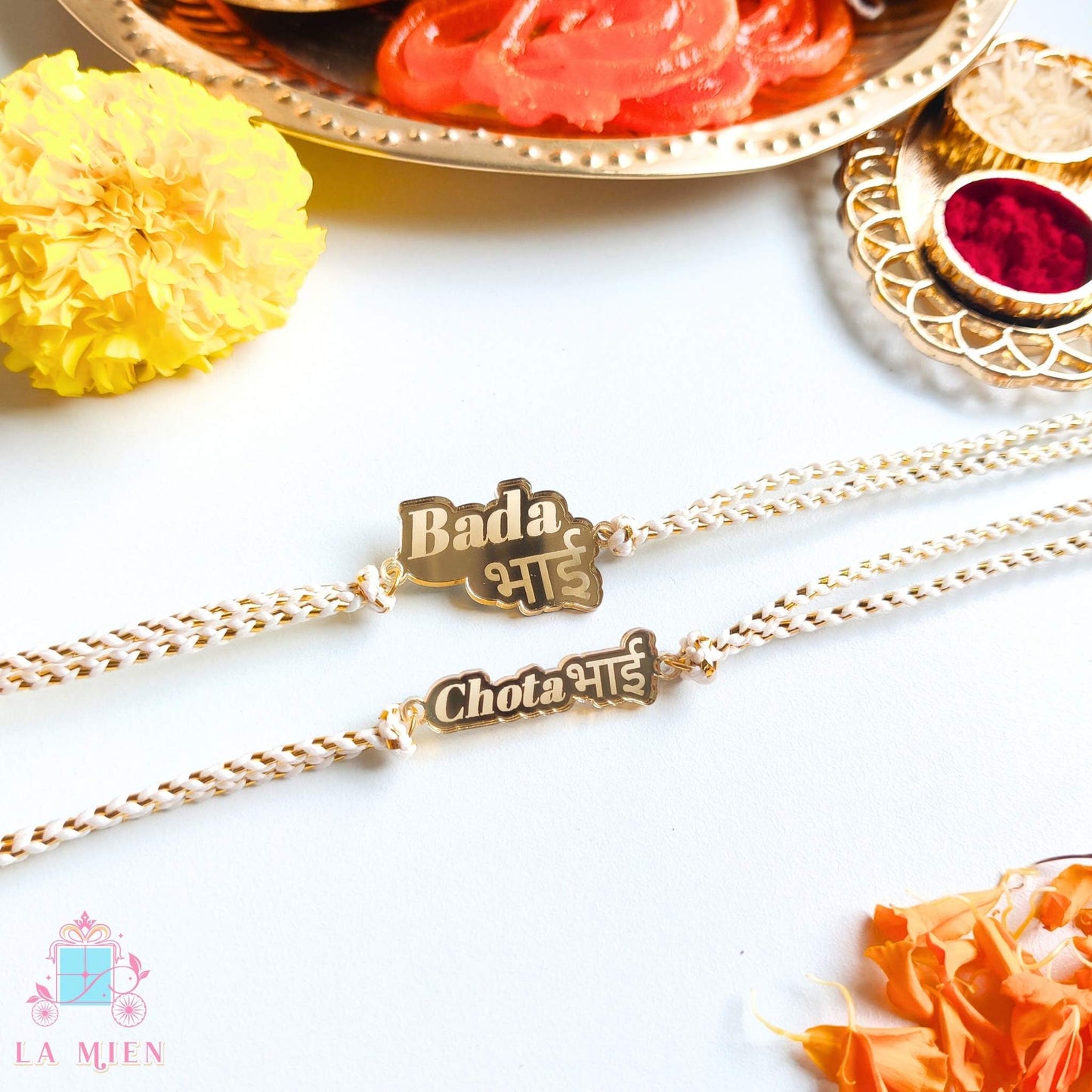 Bada Bhai / Chota Bhai Rakhi with Red or White Thread – Personalized Raksha Bandhan Bracelet