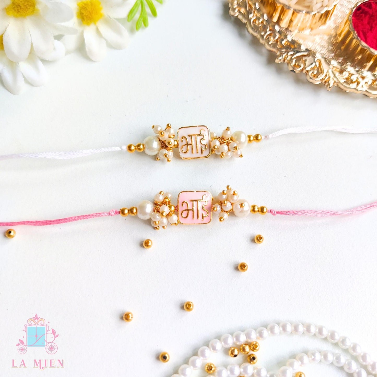 Handmade Bhai Rakhi - Kundan – Pink / White