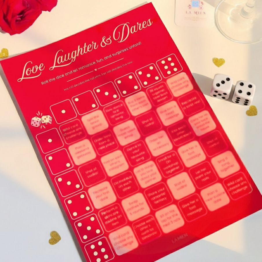 Red card with 'Love Laughter & Dares' game on a light background with dice and rose.