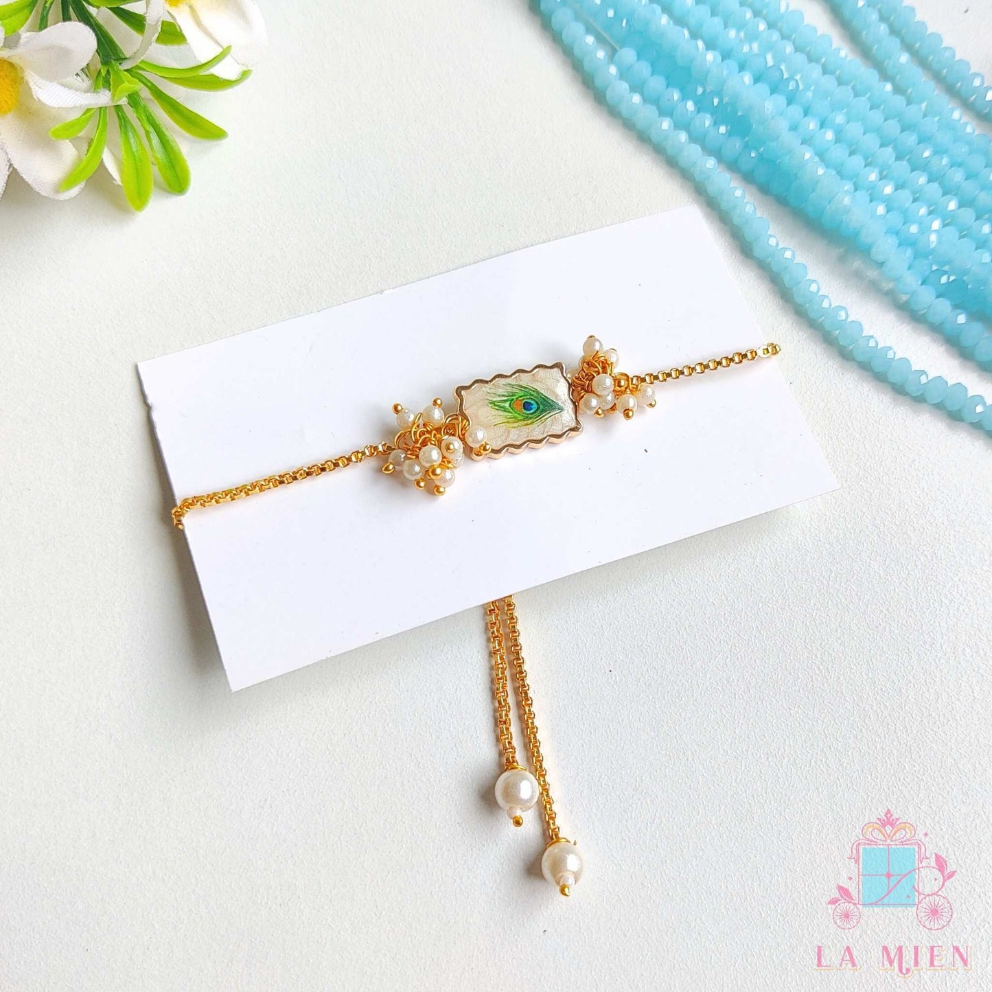 Peacock Feather Rakhi with Adjustable Golden Chain