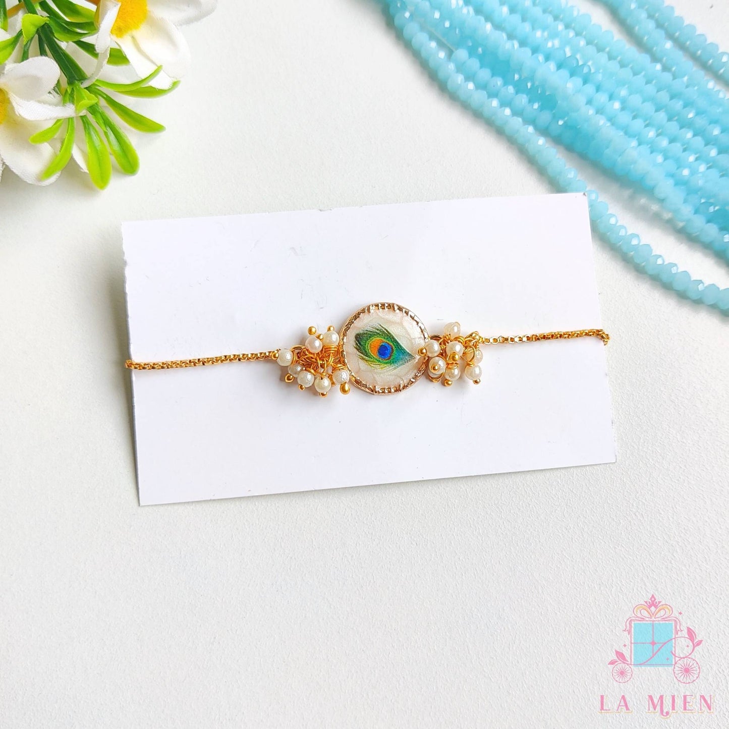 Peacock Feather Rakhi with Adjustable Golden Chain