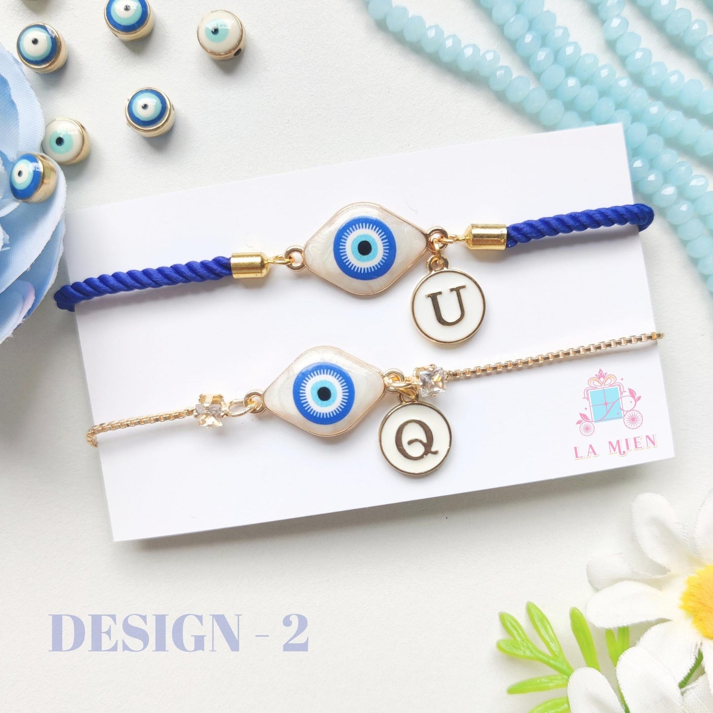 Evil Eye Bhaiya Bhabhi Rakhi Set – Custom initials, blue cord for brother, gold chain for sister / sister-in-law – Design 2