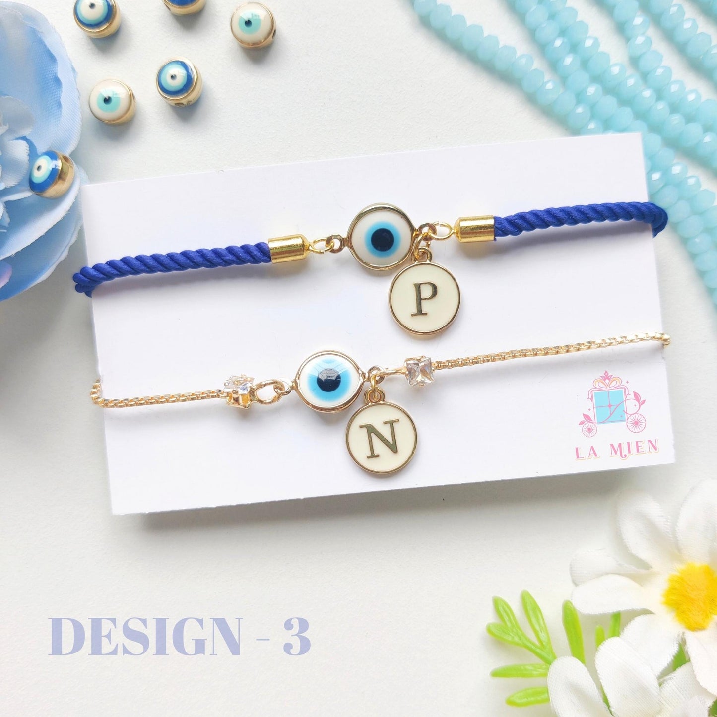 Raksha Bandhan Bhaiya Bhabhi Rakhi Set – Evil eye charms, personalized tags, stylish cord for brother, chain for sister / sister-in-law – Design 3