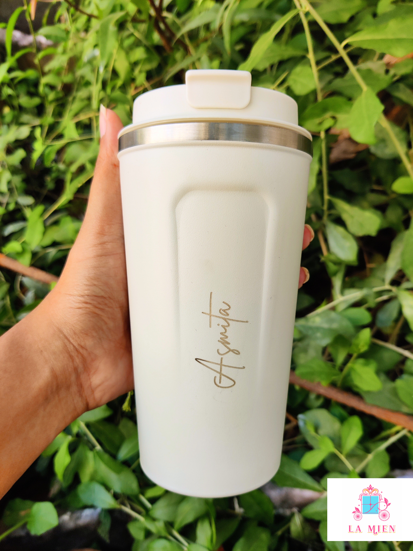 510 ml insulated travel coffee tumbler for hot and cold drinks with leakproof lid and personalized with name
