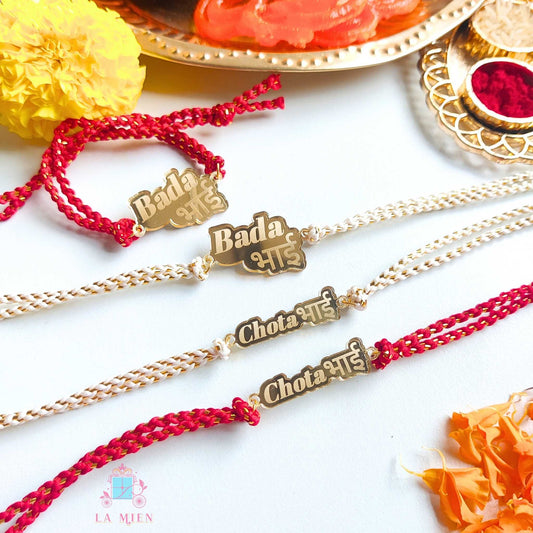 Bada Bhai / Chota Bhai Rakhi with Red or White Thread – Personalized Raksha Bandhan Bracelet