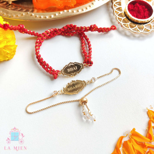 Bhai Bhabhi Rakhi Set - Red/White Thread & Golden Chain