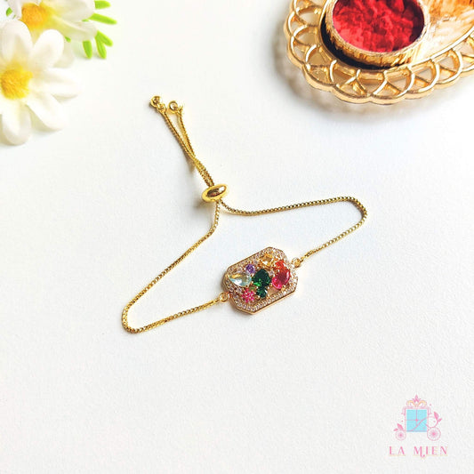 Navagraha Rakhi Bracelet for Sister –with Anti-tarnish Golden Chain
