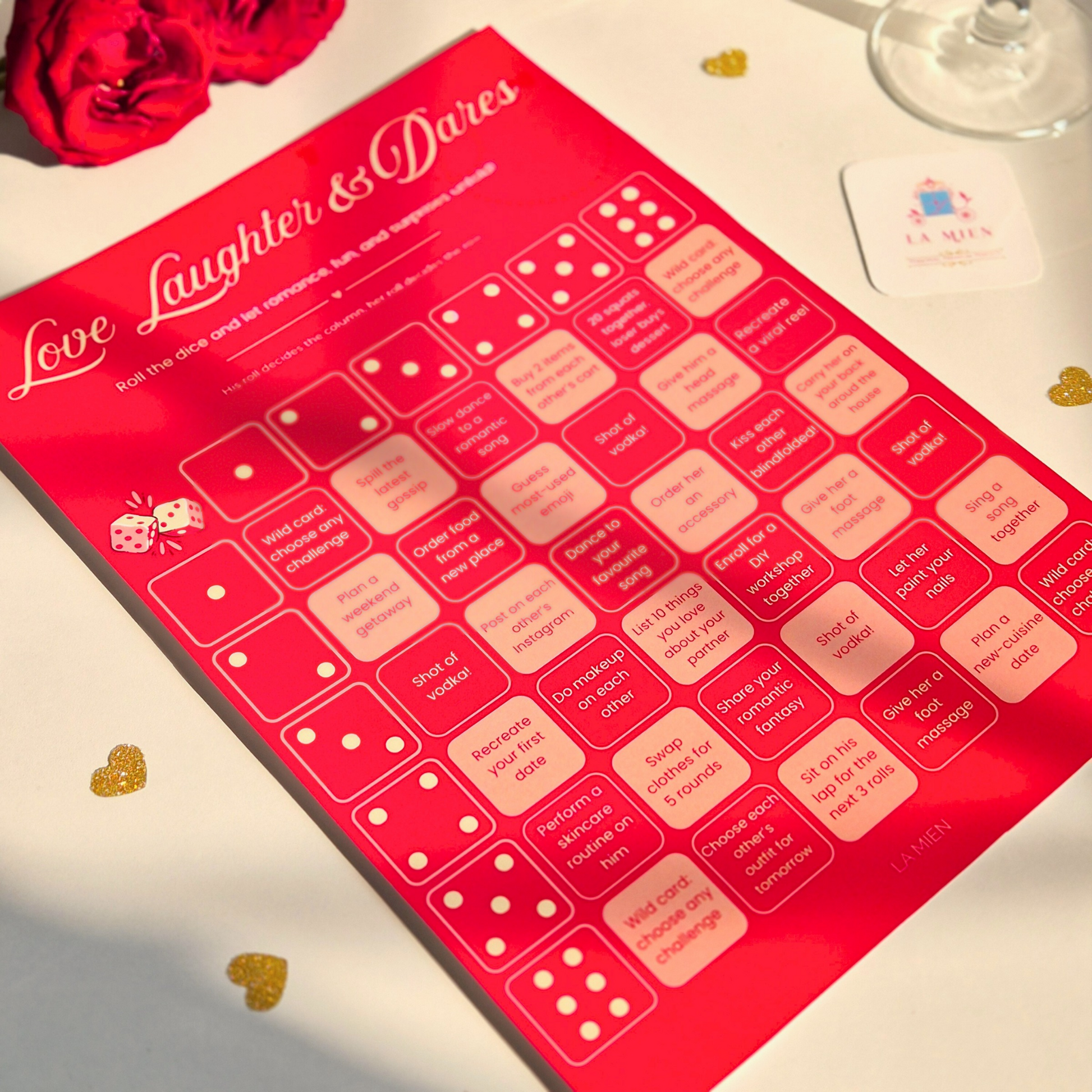 Dice included with couples challenge board game for playful date night challenges
