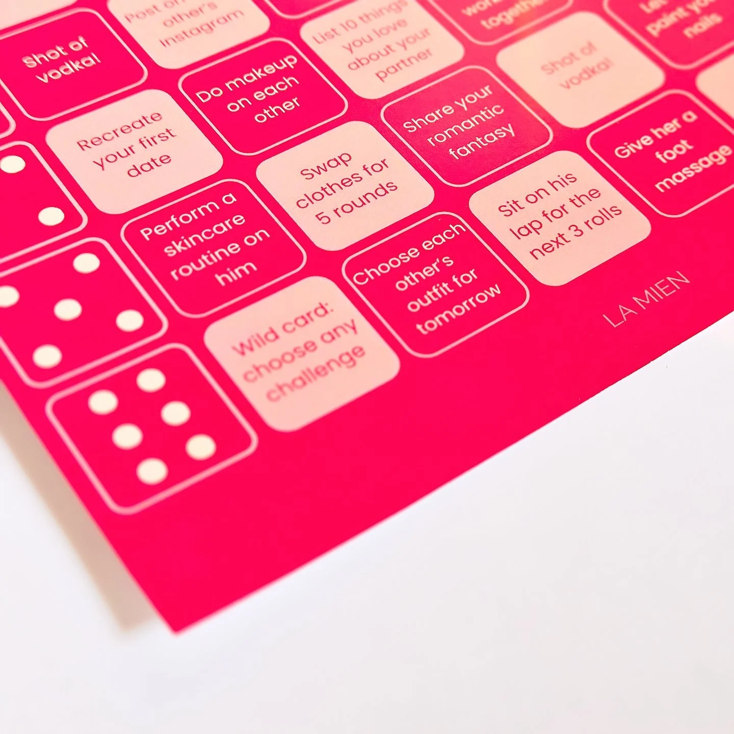Couples challenge board game with dice and game sheet for date night at home