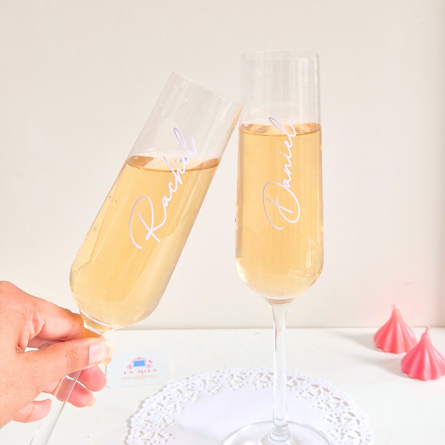 Custom engraved champagne glasses for couples, romantic Valentine’s gift idea