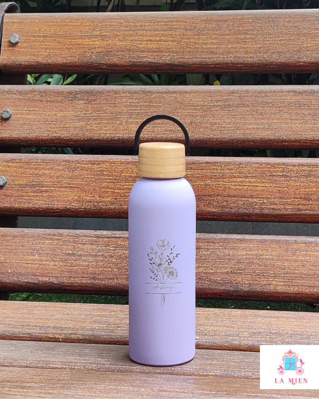 Engraved floral stainless steel bottle with custom name – hot and cold thermos