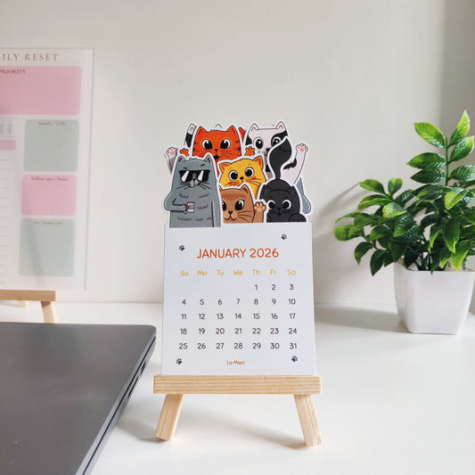 cat desk calendar, cute desk calendar, cat stationery, illustrated calendar, desk calendar for cat lovers