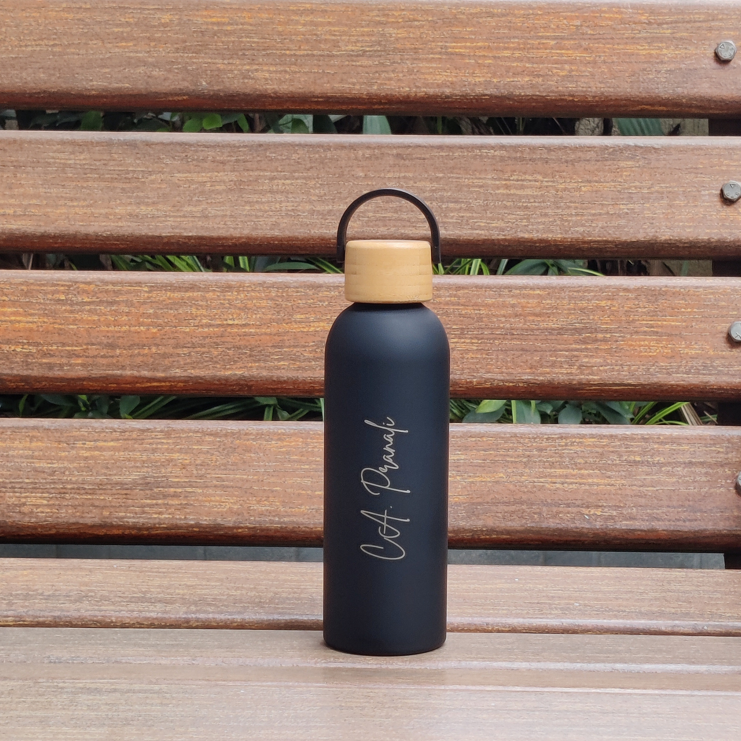 Aesthetic insulated water bottle with handle, 500ml stainless steel flask in black personalized