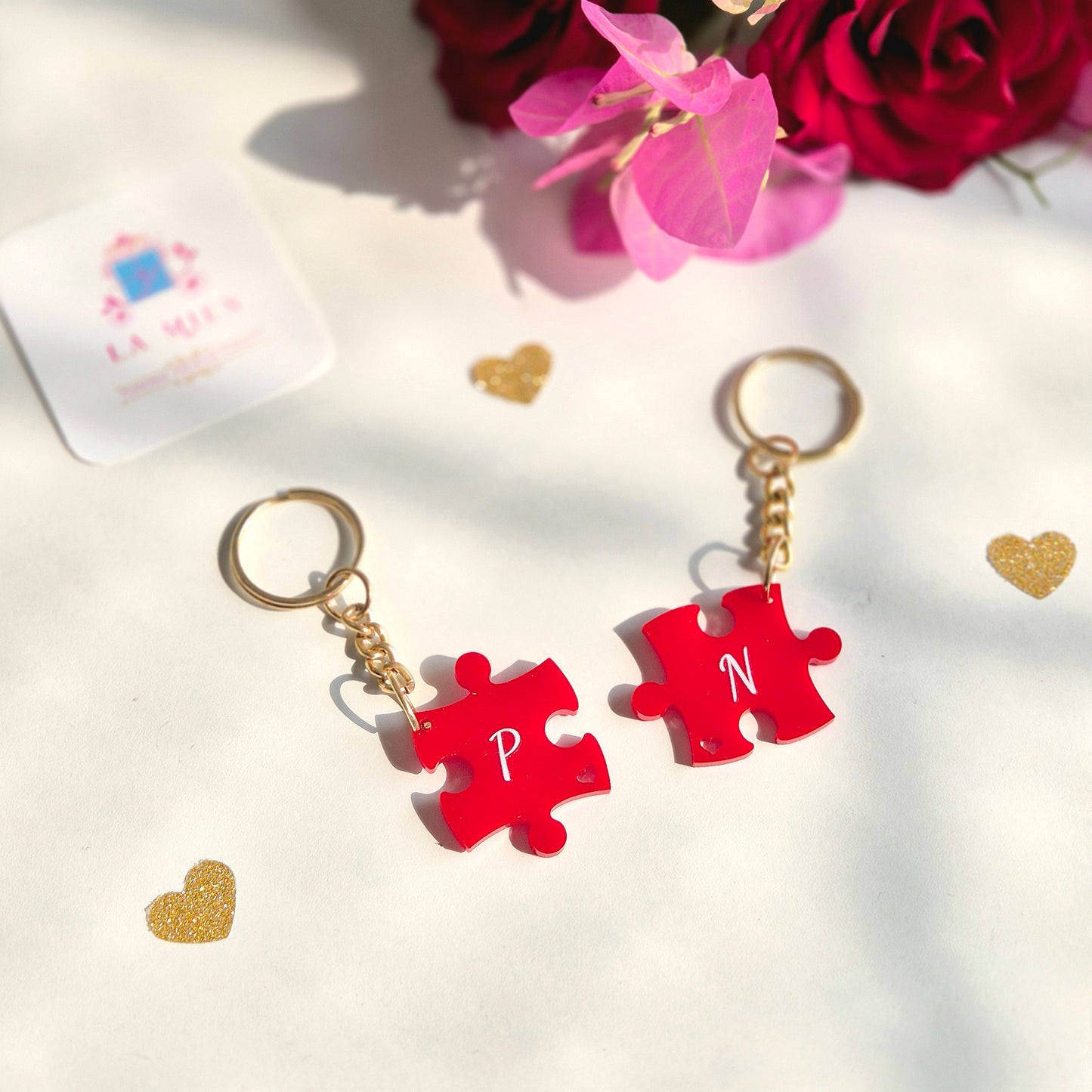 Couple gifting a personalised acrylic keychain as a cute and thoughtful Valentine present