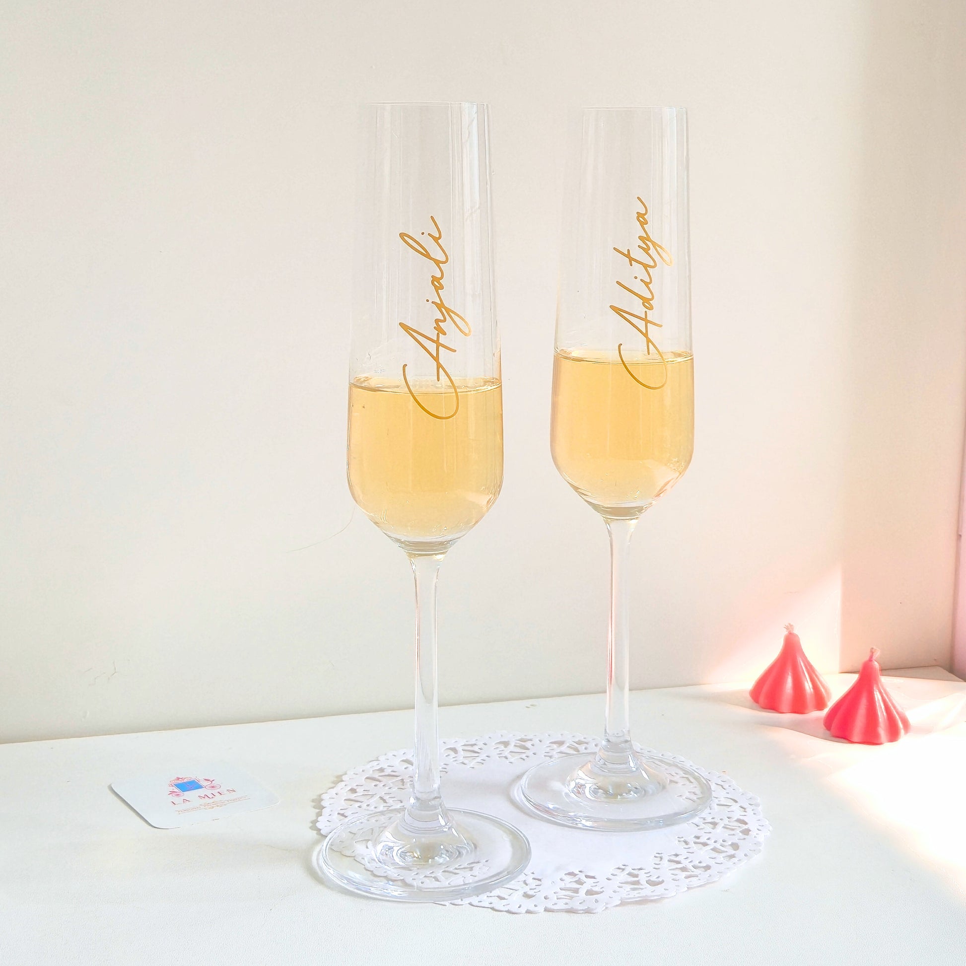 Engraved champagne glass set for couples celebrating love on Valentine’s Day