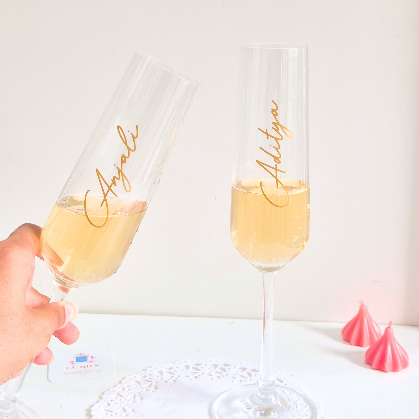 Personalised champagne glass set for couples, perfect for Valentine’s date night celebrations