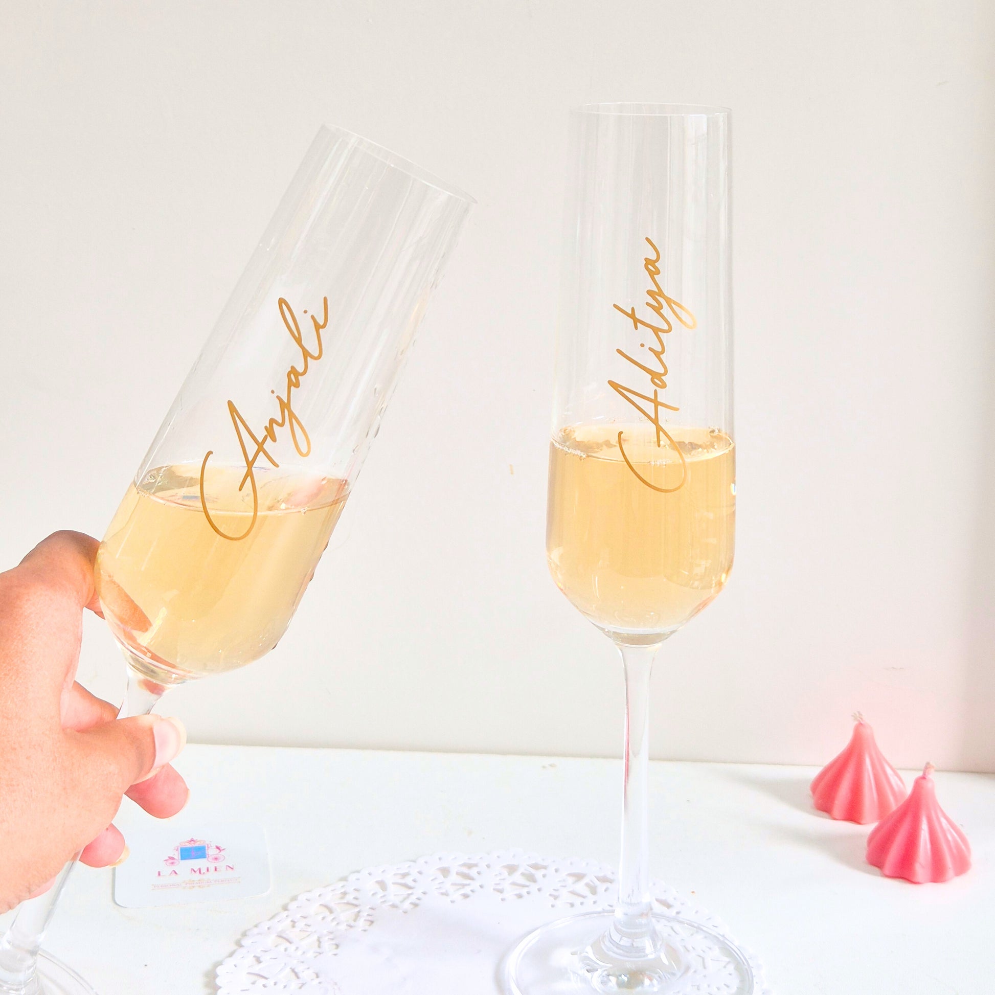 Personalised champagne glass set for couples, perfect for Valentine’s date night celebrations