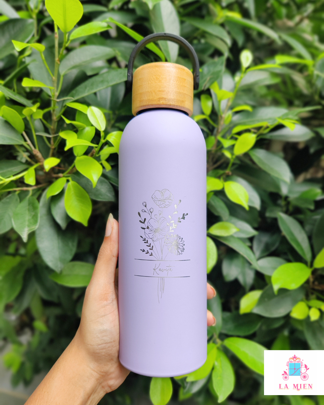 Lavender personalised floral insulated bottle with bamboo handle lid – 500ml
