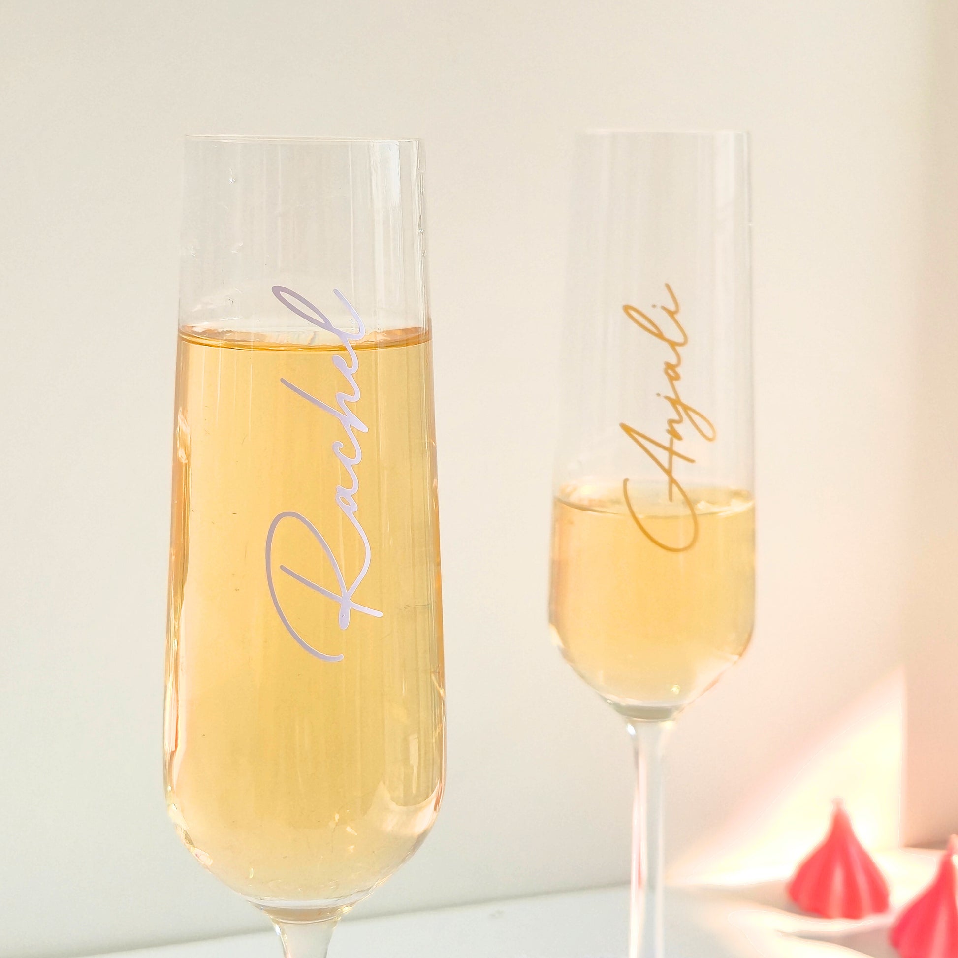 Romantic personalised champagne glasses, ideal for Valentine date night gifting