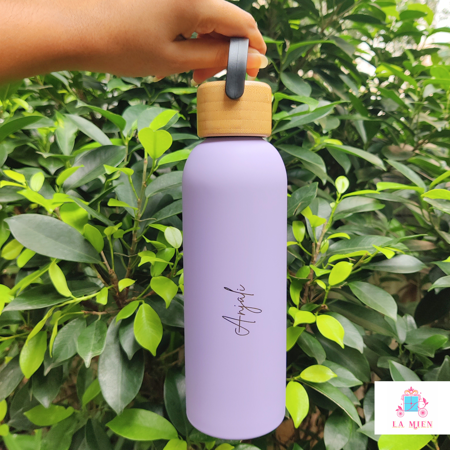 Lavender 500ml double-wall insulated stainless steel bottle with bamboo handle cap – hot and cold water bottle
